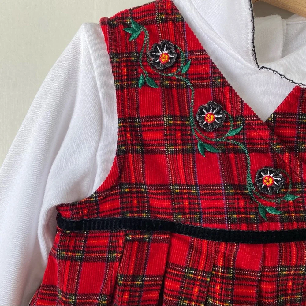 Vintage Samara Plaid Flannel Embroidered Floral Dress & Peter Pan Collar Top Set